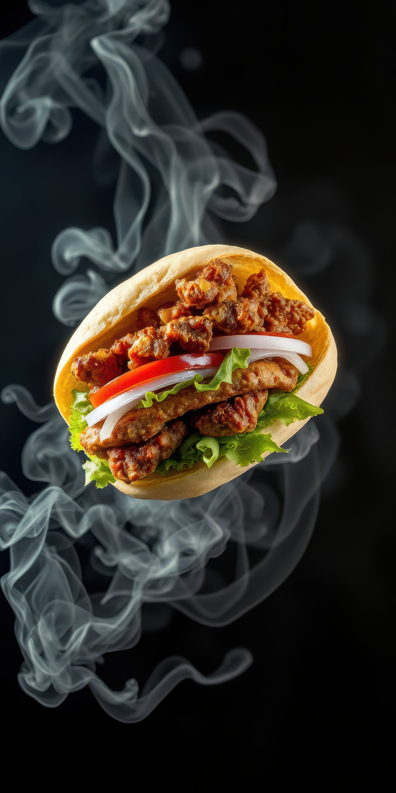 Tasty fried chicken wrap with fresh vegetables and smoky background